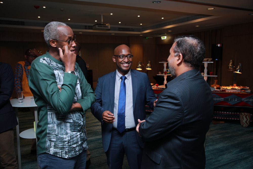 Nkubito Manzi Bakuramutsa, the VSONE Africa CEO with the VSONE Chairman, Prabodha Sumanasekera with PSF CEO, Robert Bapfakurera while at the launch of VSONE AFRICA
