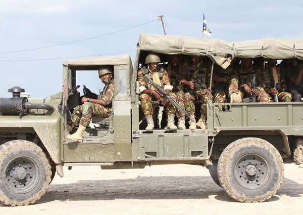 Kenya Defence Forces soldiers patrol Afmadow town in Somalia on November 22, 2015. Kenyan troops assigned to the African Union Mission in Somalia (Amisom) receive $2 per bag of charcoal loaded at the port of Kismayu, the UN group said on November 4, 2016.