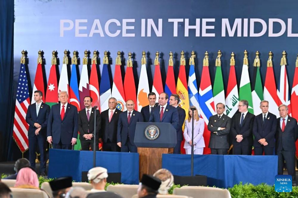 Egyptian President Abdel Fattah al-Sisi (C) addresses the summit on ending the Gaza war in Sharm el-Sheikh, Egypt, Oct. 13, 2025. A summit on ending the Gaza war kicked off here Monday, which witnessed the signing of the recently-reached ceasefire deal between Israel and Hamas.