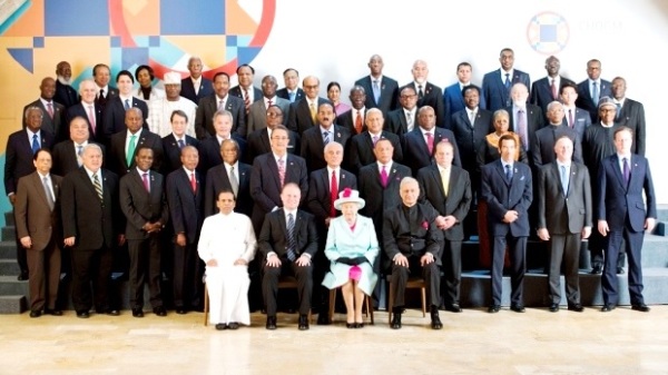 The Queen of England in a group photo with heads of states that are members of the commonwealth community