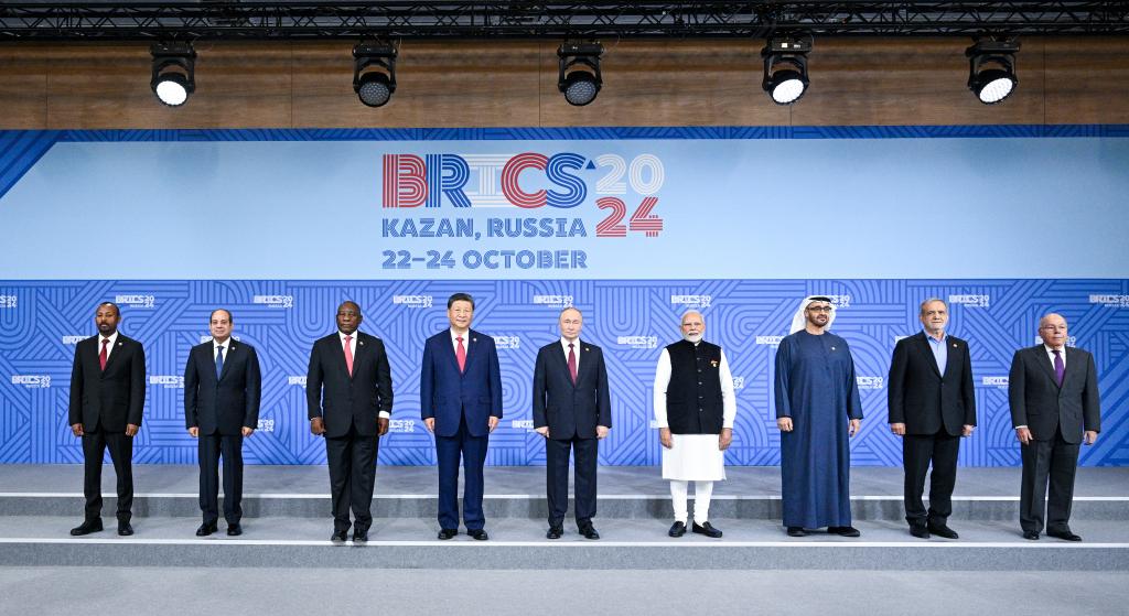 Leaders of BRICS countries pose for a group photo during the 16th BRICS Summit in Kazan, Russia, Oct. 23, 2024.