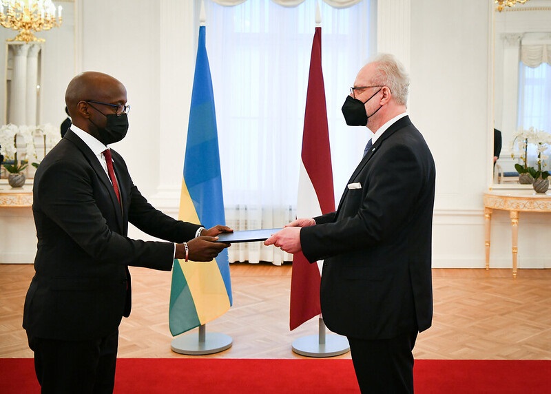Amb. Nduhungirehe presenting credentials to represent Rwanda in Latvia.