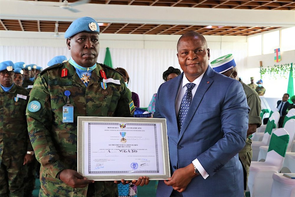 Lt Col Augustin Migabo (being recognized by CAR President) has been promoted to Colonel and appointed as the Deputy Commander of Special Operations Command. 