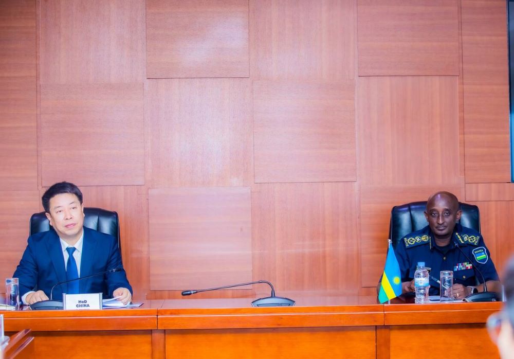 The Inspector General of Police (IGP), CG Felix Namuhoranye (right) received the Deputy Director General for China’s Hunan Public Security Department, Yu Liangyong (left) on Thursday.