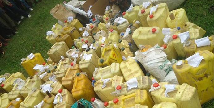 90 litres of the banned illicit gin – Kanyanga seized in various operations were destroyed last week.