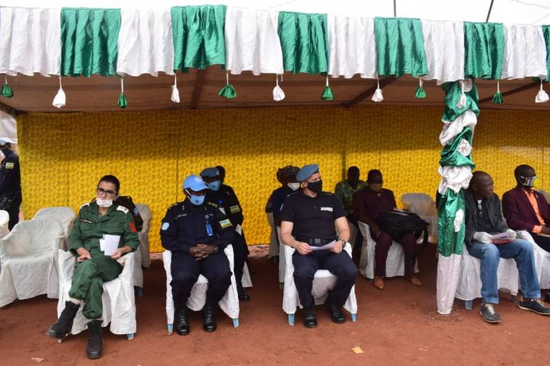 Rwanda Police peacekeepers and Bangui officials during the official groundbreaking ceremony for the construction of the boreholes.