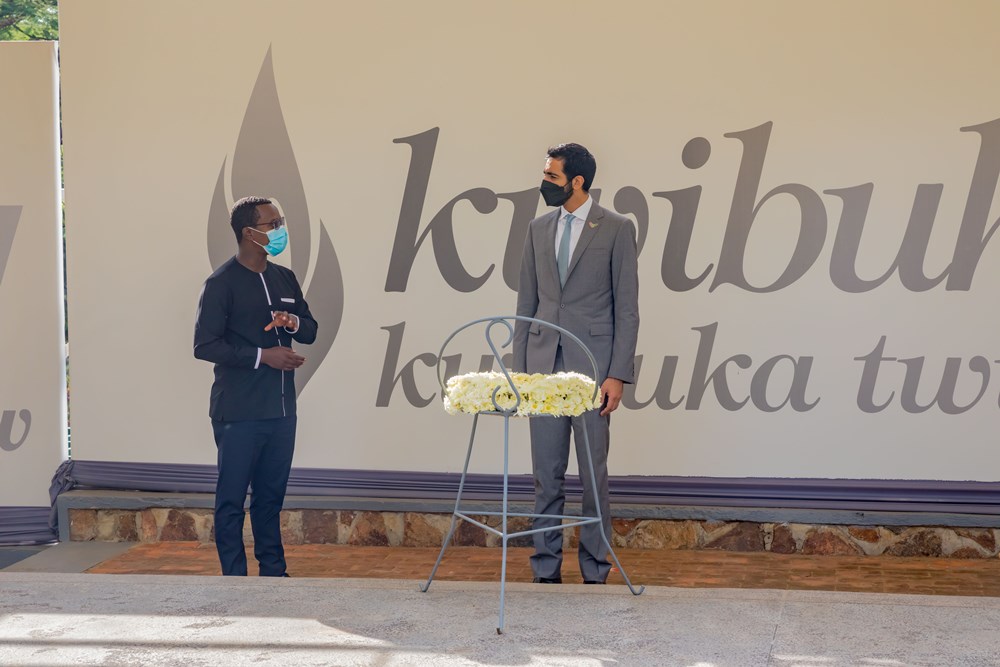 Sheikh Shakhboot after laying wreaths on a mass grave at Kigali Genocide Memorial.  