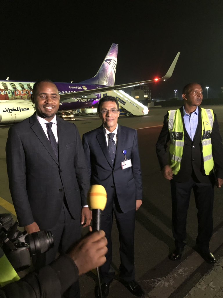 Rwanda's Minister of State in charge of Transport, Eng. Jean De Dieu Uwihanganye and Egypt ambassador to Rwanda, Ahmed El Ansary, welcoming EgyptAir's Aircraft during its maiden flight to Rwanda