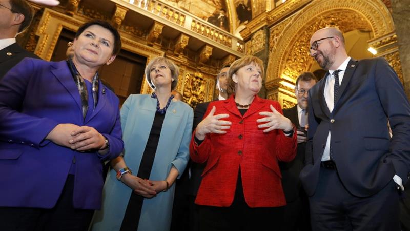 From left: Polish Prime Minister Beata Szydlo, British Prime Minister Theresa May, German Chancellor Angela Merkel and Belgian Prime Minister Charles Michel