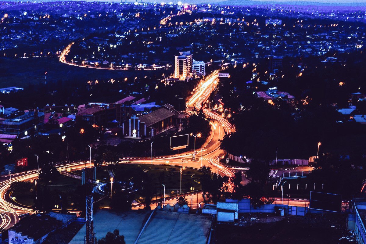 The skyline of Kigali city at night.