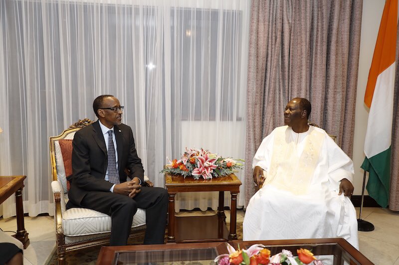 During their meeting, President Kagame and his Ivorian counterpart Ouattara, took note of the friendship and mutually beneficial co-operation between Rwanda and the Ivory Coast and reiterated their commitment to further strengthen their relations.