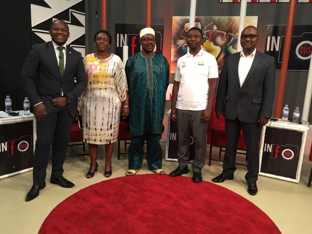 From left: Journalist Eugene Anangwe who moderated discussions ; PL General Secretary, Dr Odette Nyiramirimo; the Commissioner of FPR Inkotanyi, Sheikh Abdul Karim Harelimana; the president of Green Party, Dr Frank Habineza and PSD General Secretary, Dr Ngabitsinze Jean Chrysostome.