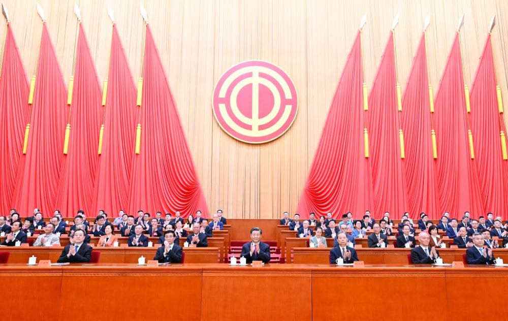 Xi Jinping and other leaders of the Communist Party of China and the state, including Zhao Leji, Wang Huning, Cai Qi, Ding Xuexiang and Li Xi, attend the 18th National Congress of the All-China Federation of Trade Unions (ACFTU) at the Great Hall of the People in Beijing, capital of China, Oct. 9, 2023. The 18th National Congress of the All-China Federation of Trade Unions (ACFTU) opened in Beijing on Monday morning. (Xinhua/Shen Hong)