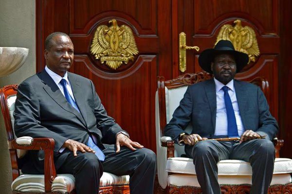 Newly appointed Vice President of South Sudan, Taban Deng Gai (left) and South Sudan's President Salva Kiir pose at State House, in Juba on July 26, 2016. Mr Gai has agreed on August 5 to step down for Riek Machar when he returns to Juba from the Igad summit in Addis Ababa.