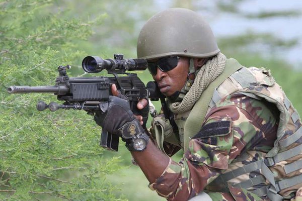 Kenya Defence forces under Africa Union Mission in Somalia (Amisom) soldier takes an aim during patrol Afmadow town on November 22, 2015. African forces in Somalia should start withdrawing from October 2018, the African Union has said.
