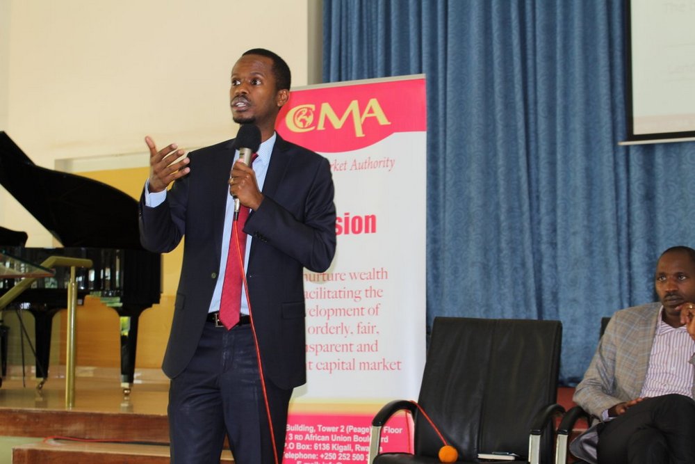 The acting Executive Director of CMA Rwanda, Eric Bundugu while at the launch of the World Investor week 2018