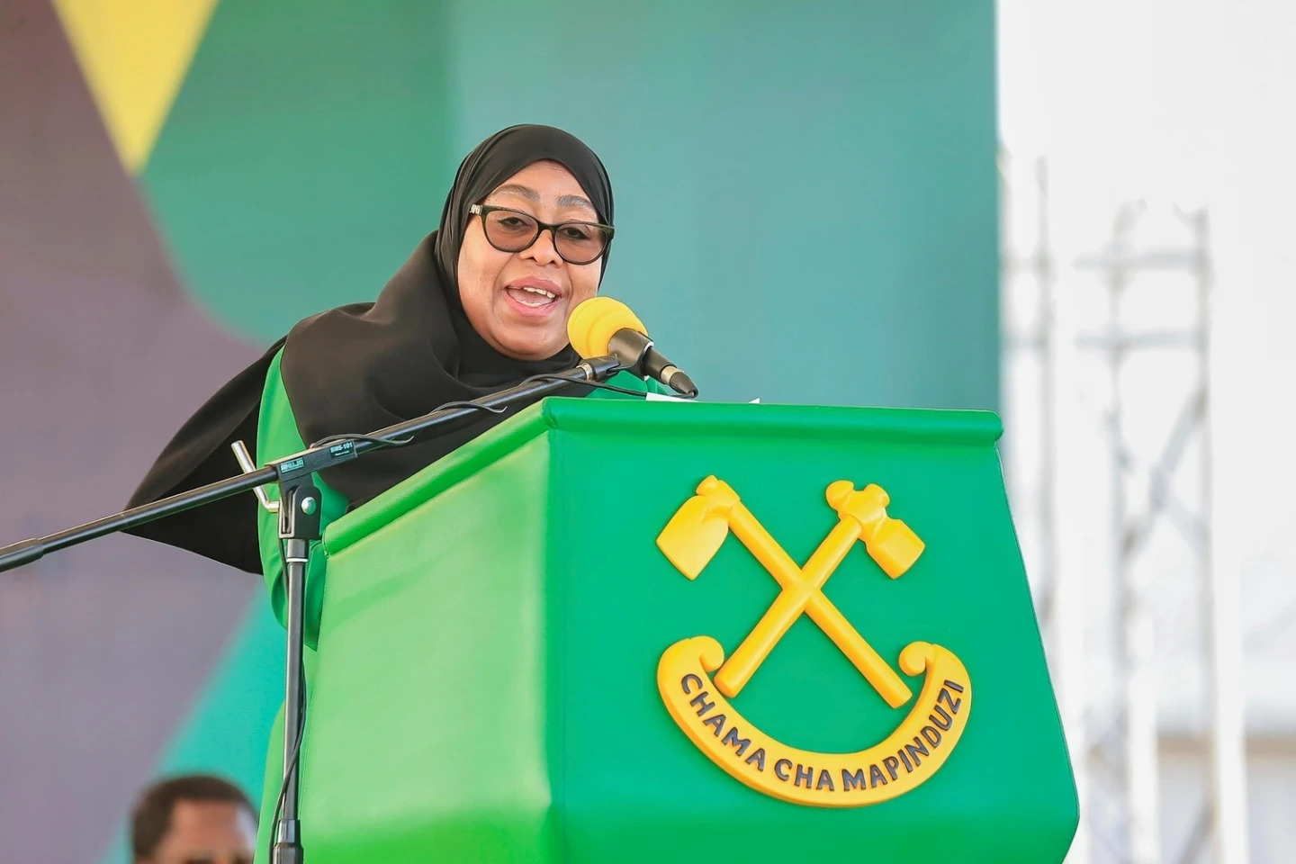 Tanzania's President Samia Suluhu Hassan delivers her remarks during the launch of the party's campaign for the upcoming general elections, at Tanganyika Packers grounds in Dar es Salaam, Tanzania, Thursday, Aug. 28, 2025.