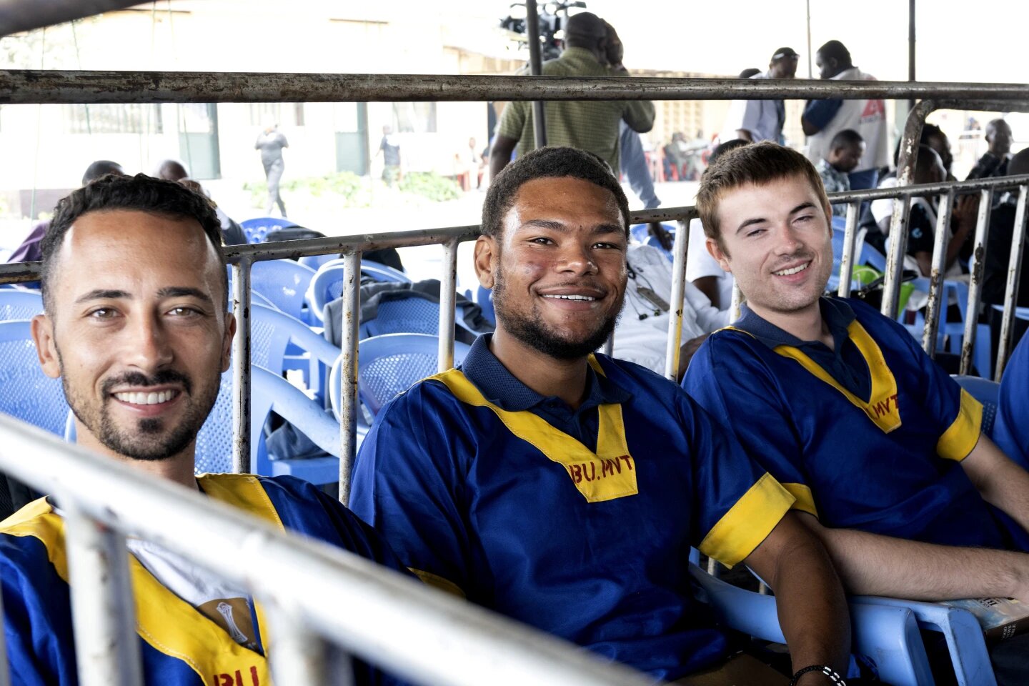 From left: Benjamin Reuben Zalman-Polun, Marcel Malanga, and Tyler Thompson, all American citizens, attend a court verdict in Kinshasa, Democratic Republic of the Congo, on Friday, September 13, 2024, after being charged with participating in a coup attempt in May 2024.