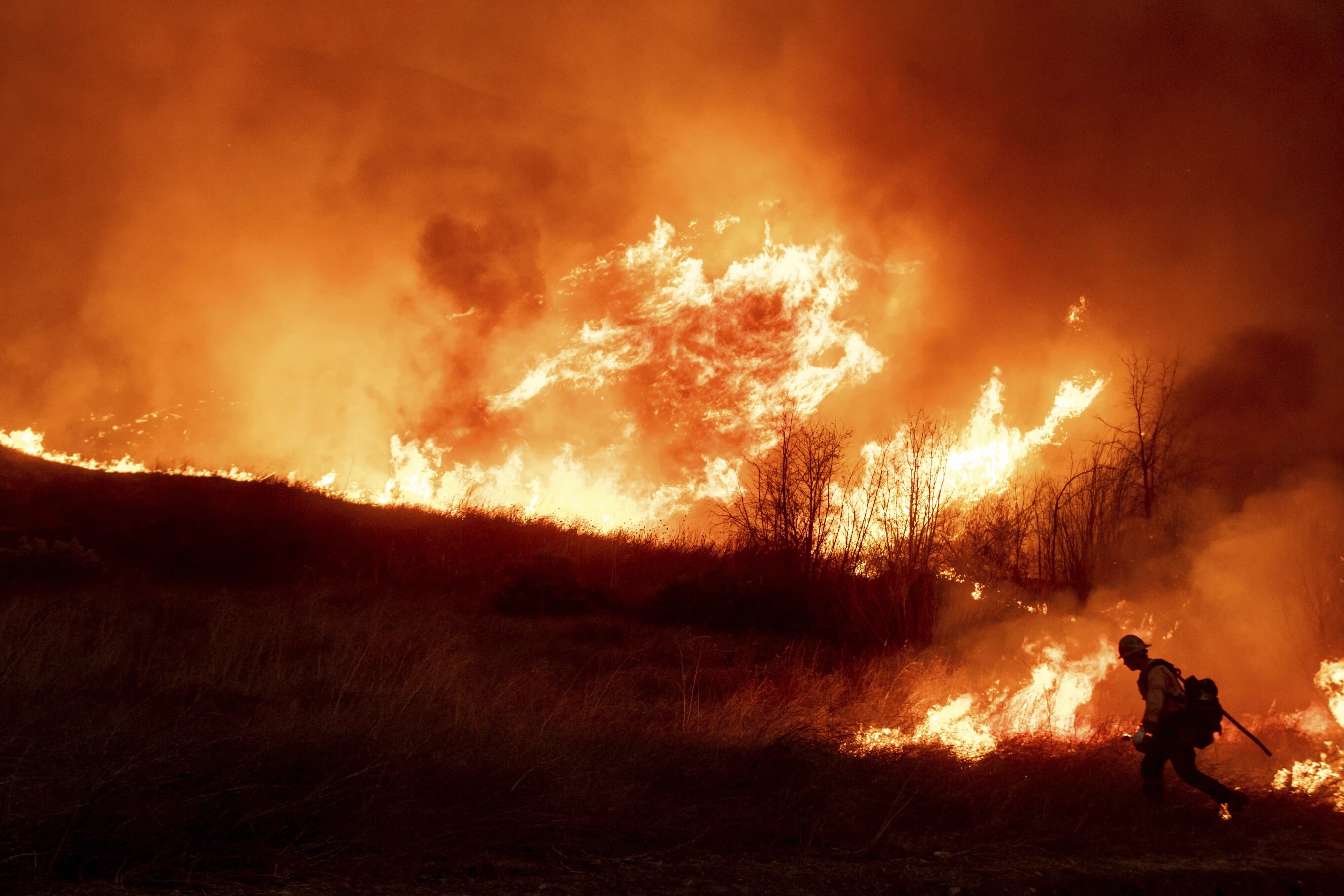 A firefighter sets a backburn in front of the advancing Kenneth Fire in the West Hills section of Los Angeles, Thursday, January 9, 2025.