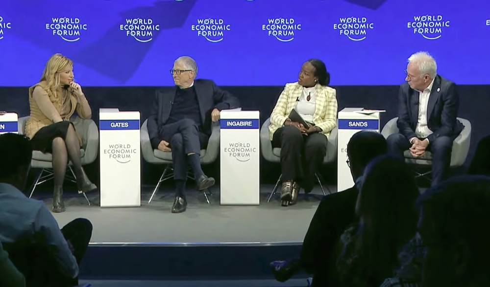 (L–R) A moderator leads a panel discussion with Bill Gates, the American philanthropist and co-chair of the Gates Foundation, Rwanda’s Minister of ICT and Innovation Paula Ingabire, and Global Fund Executive Director Peter Sands at the World Economic Forum (WEF) annual meeting in Davos on Wednesday, January 21. Gates announced the $50 million initiative, dubbed Horizon 1000, aimed at deploying AI tools in the health sector in partnership with African governments and health leaders.