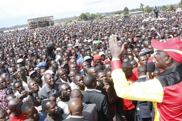 Deputy President William Ruto addressing a rally in Kimilili, Bungoma County, on May 14, 2017. He has hit out at the opposition for their criticism over the high cost of living.