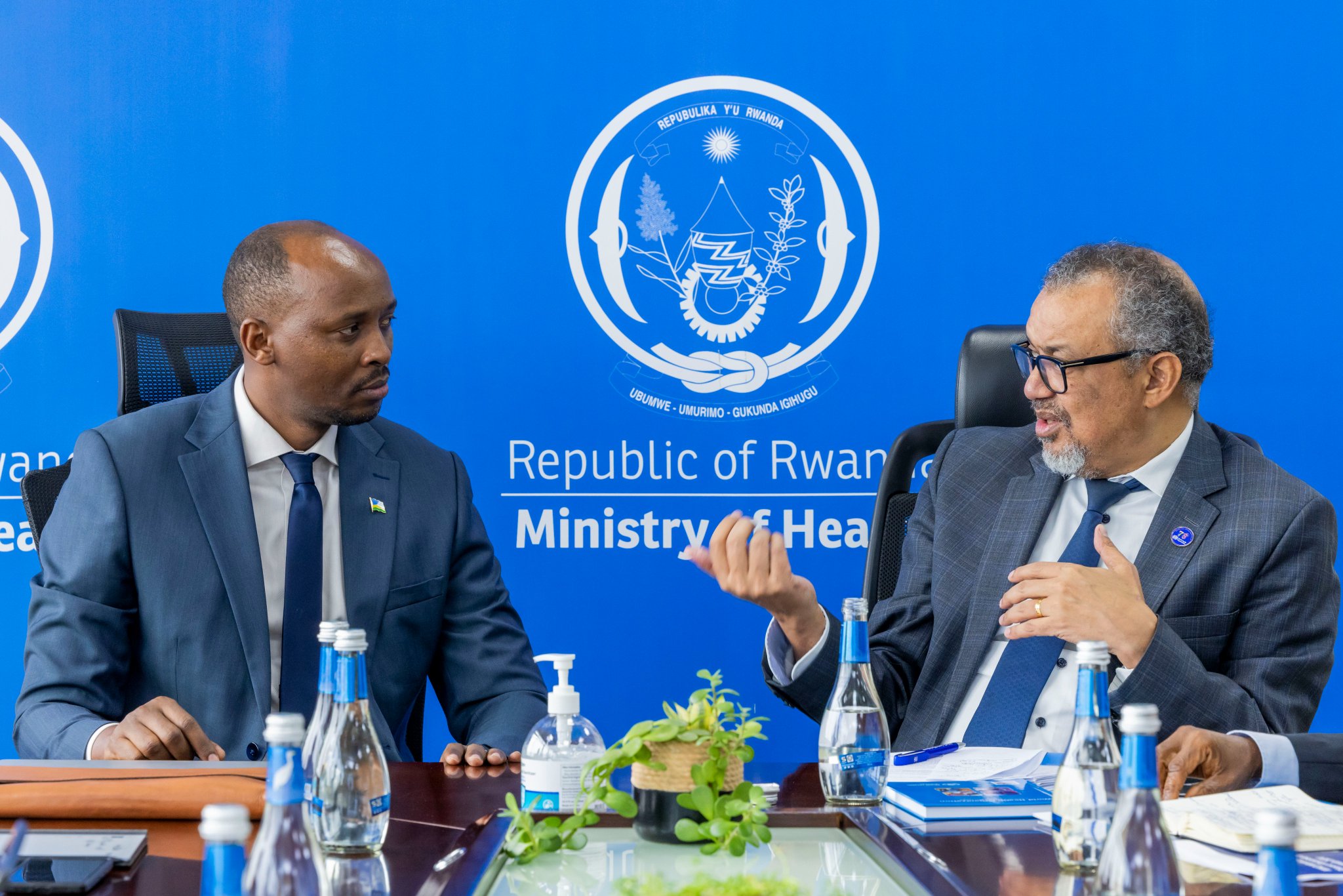 Minister of Health Dr. Sabin Nsanzimana with the Director-General of the World Health Organisation Dr Tedros Adhanom Ghebreyesus during a press briefing in Kigali on Sunday, October 20, 2024.