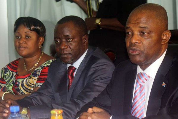 Democratic Republic of Congo Prime Minister Evariste Boshab (right), flanked by his Vice President Borice Mbuku (centre) and an unidentified official, during a press conference in Kinshasa on January 3, 2012. The US government and European Union on December 12, 2016 sanctioned senior Democratic Republic of Congo officials for suppressing the opposition and delaying political progress in the African nation.