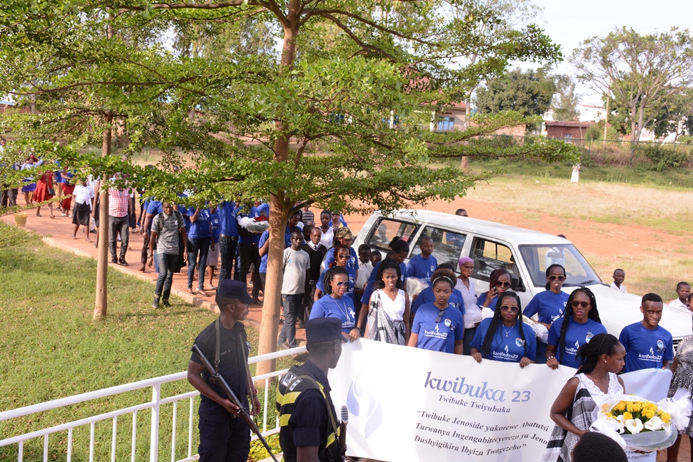 MKUR staff and students during a walk to remember at Nyanza Memorial center to commemorate the 1994 genocide against the Tutsi.