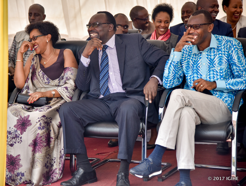 The Minister of Education  Dr Musafiri Papias Malimba (right), Minister of Trade ,Industry and East African Affairs, François Kanimba and the Minister for Cabinet Affairs Stella Ford Mugabo during the celebration of Labor Day.