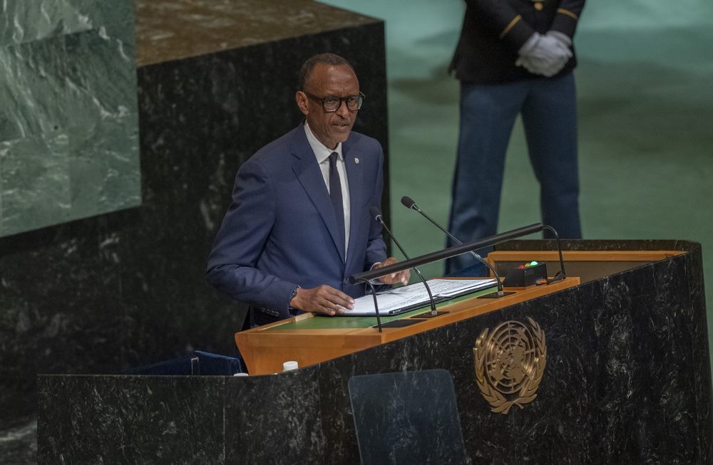 President Paul Kagame delivering remarks at the 77th United Nations General Assembly.