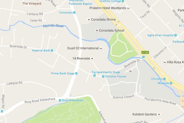 A Google map shows the location of Dusit hotel along Riverside Drive in Nairobi.