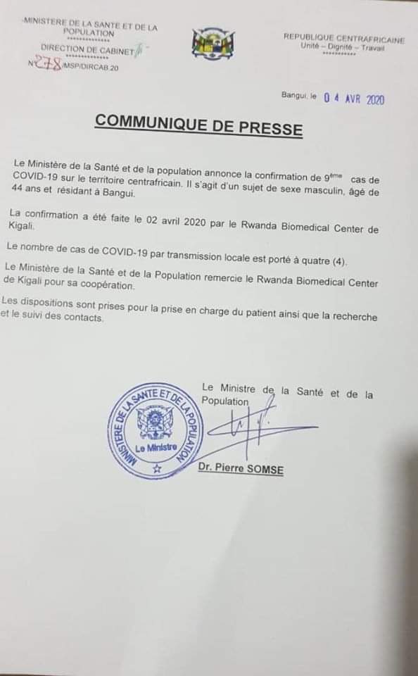 The Government of Rwanda through the National Reference Laboratory is assisting the CAR in diagnosing their population of COVID-19, caused by The coronavirus.