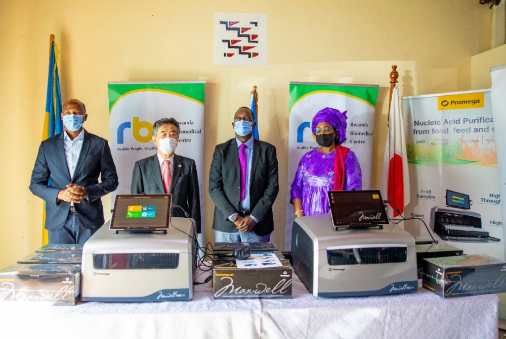 From left: The Director General of RBC, Dr. Nsanzimana Sabin; Japan's Ambassador in Rwanda, Masahiro Imai; the Minister of Health, Dr. Ngamije Daniel and the Acting WHO Country Representative, Dr. Ndoungou Salla Ba at the handover of COVID-19 testing machines.