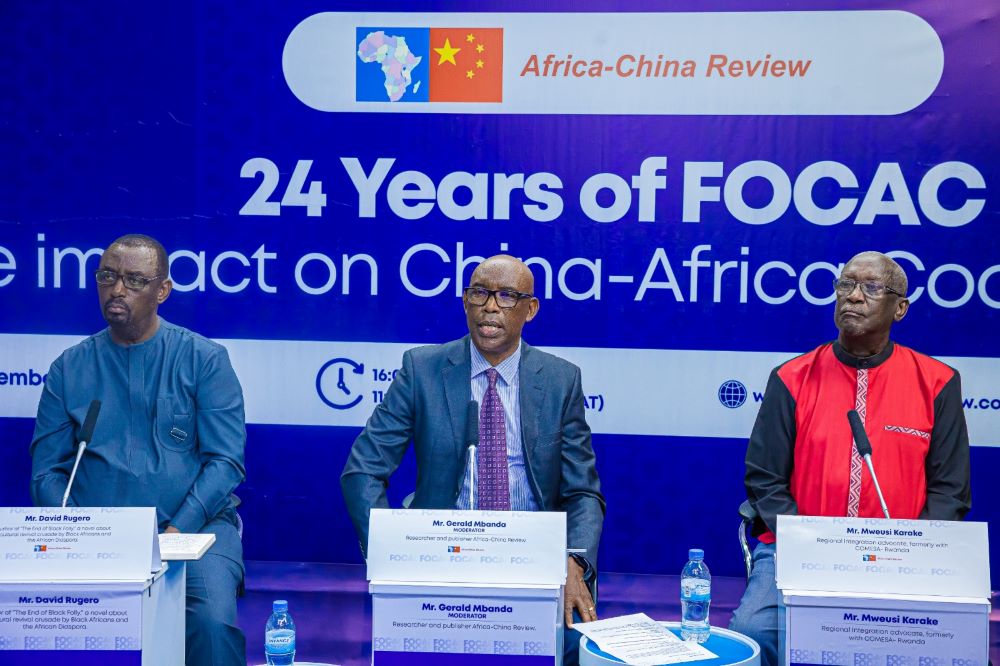 L-R: David Rugero, author of 'The End of Black Folly' a novel about cultural revival crusade by Black Africans and the African Diaspora; Gerald Mbanda, a researcher, publisher at Africa China Review and Mweusi Karake, a regional integration advocate at the seminar on 24 years of FOCAC impact.