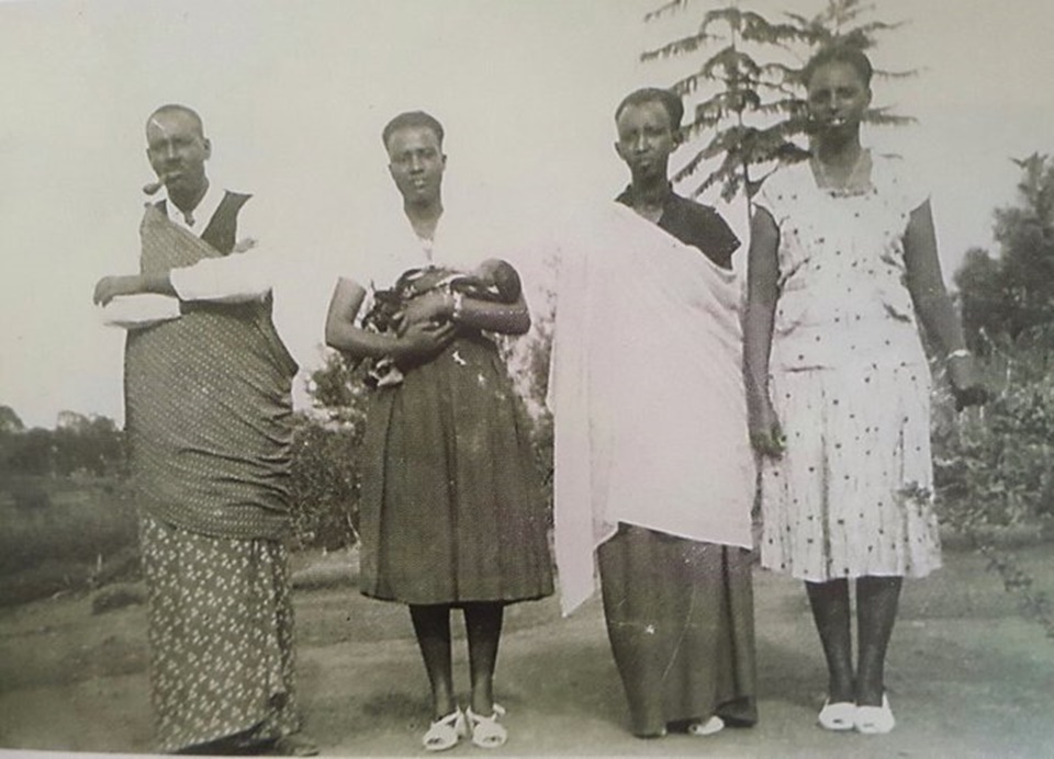 This photo was taken in November 1957, from left to right: Mutembe, Kagame’s godfather; Agnes Bezinge, his godmother holding the child; and his mother Asteria Rutagambwa and family friend Gatarina Bushayija.