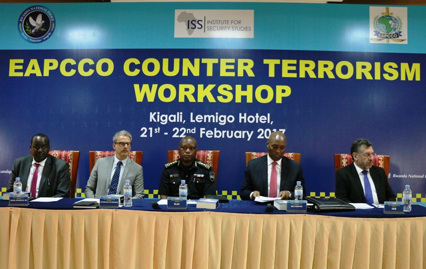 L-R. Gedion Kimilu, head of Interpol Regional Bureau-Nairobi, Yannick Hingorani, DIGP Juvenal Marizamunda, PCC chairman Francis Muhoro and Willem Els of ISS.