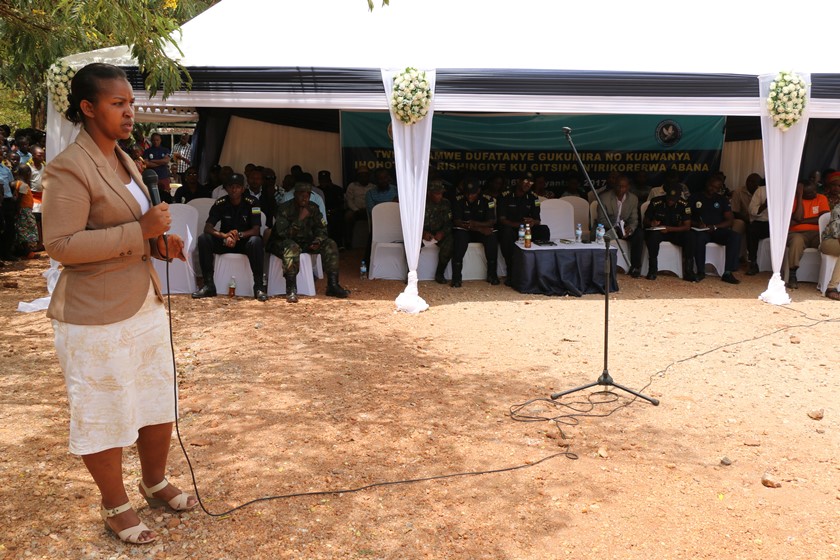 Eastern Province Governor, Judith Kazayire addressing residents of Rwinkwavu during the sensitisation campaign.
