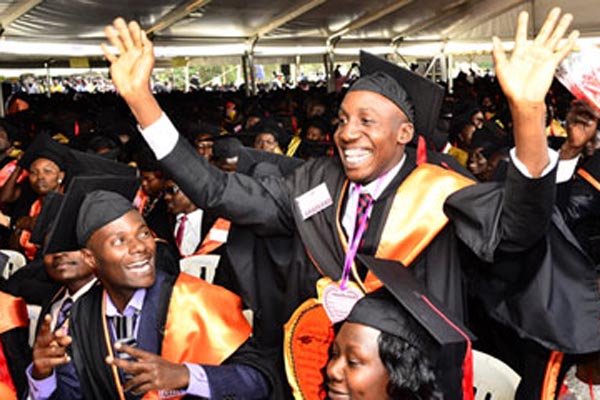 A student of Makerere university celebrates during the 67th graduation ceremony recently.