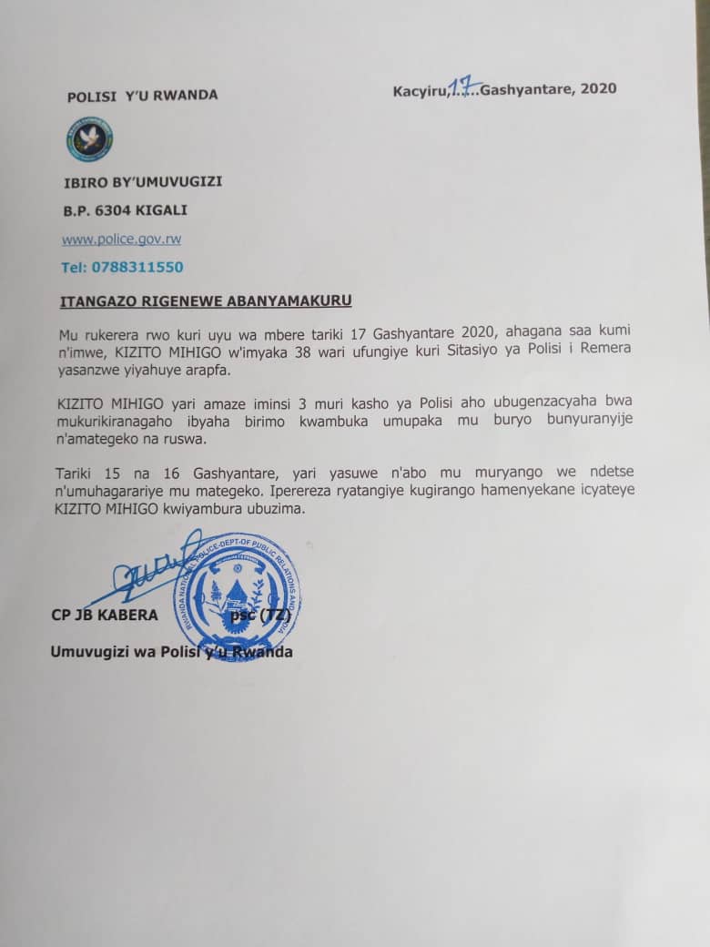 In a communication to the press posted on Twitter, RNP stated that 38-year old Mihigo committed suicide at around 5 in the morning