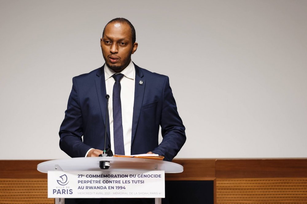 The President of Ibuka-France, Etienne Nsanzimana addressing his remarks.