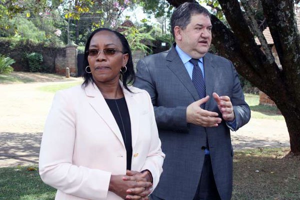 Cabinet Secretary for Public Service, Youth and Gender Affairs Sicily Kariuki (left) with European Union head of delegation to Kenya Stefano Dejak, at a media briefing at the EU head of delegation residence in Nairobi, September 28, 2016.