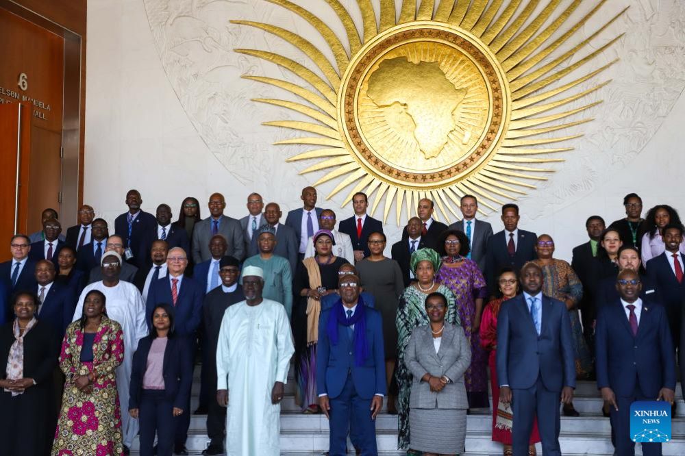 Delegates attending the 47th Ordinary Session of the Permanent Representatives Committee of the African Union pose for a group photo in Addis Ababa, Ethiopia, on Jan. 15, 2024. The 47th Ordinary Session of the Permanent Representatives Committee (PRC) of the African Union (AU) opened on Monday in Addis Ababa, with Chairperson of the AU Commission Moussa Faki Mahamat reiterating a two-state solution to end the Israeli-Palestinian conflict. (Xinhua/Michael Tewelde)