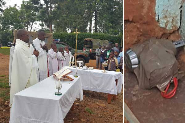 Fr Simon Kanji says Mass in the Kianyaga Catholic Church compound after a device (right), believed to be an explosive, was discovered at the church's entrance on June 5, 2016.