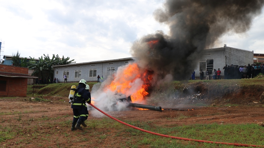 A firefighter putting out fire during the demonstration.