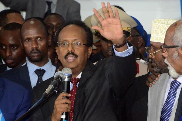Mohamed Abdullahi Farmajo, the newly elected president of Somalia, speaks in Mogadishu on February 8, 2017 after his election.