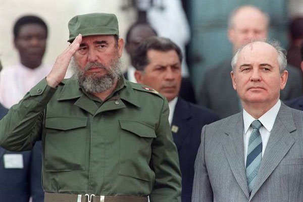 Cuban revolutionary icon Fidel Castro (left) welcomes former General Secretary of the Communist Party of the Soviet Union Mikhail Gorbachev (Right) during the official ceremony for Gorbachev's arrival in Havana, Cuba on April 2, 1989.