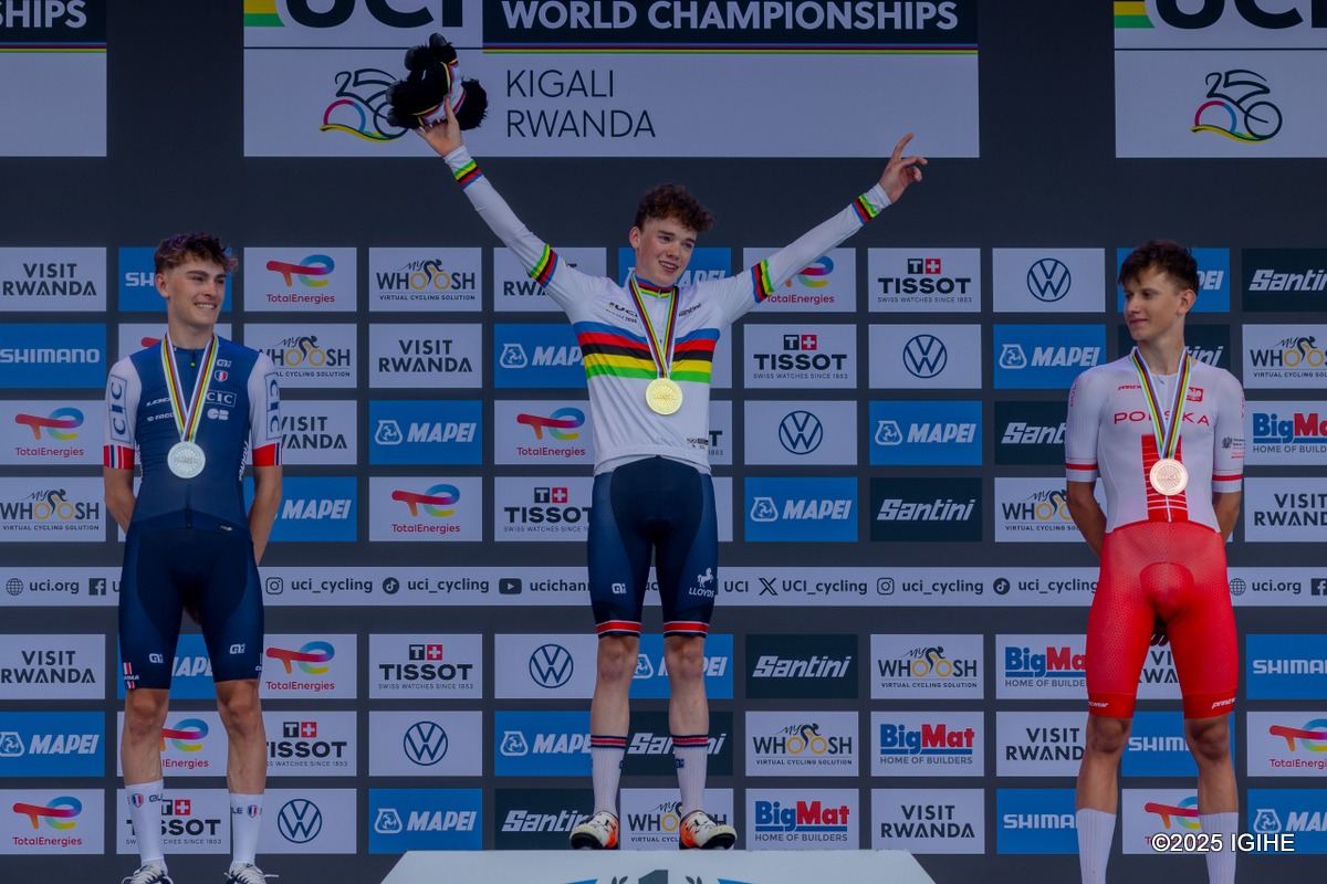 Harry Hudson crossed the finish line alone in 2 hours, 55 minutes, and 19 seconds, becoming the first British rider ever to take the junior men’s road race rainbow jersey.
