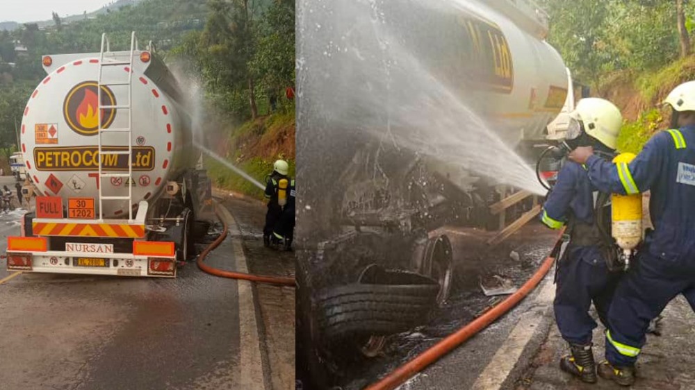 The Rwanda National Police (RNP) Fire and Rescue Brigade, on Thursday March 4, managed to extinguish a trailer, which caught fire in Rugerero Sector, Rubavu District. Photo RNP