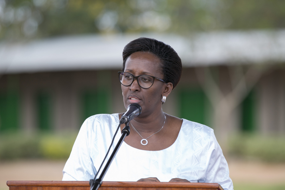 First Lady Jeannette Kagame addresses the residents of Mayange sector during the closing ceremony of this year's promotion of girls education campaign.