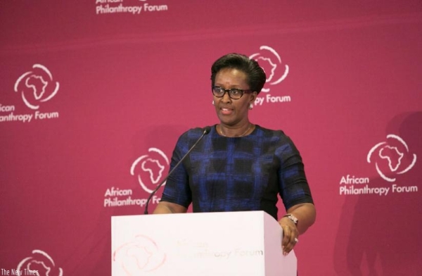 The First Lady, Jeannette Kagame, speaks at the Africa Philanthropist Forum that ended in Kigali yesterday. (Courtesy)